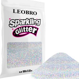 LEOBRO 100g / 3.5 oz Silver Glitter, Holographic Fine Glitter for Crafts, Resin, DIY Jewelry Keychains Flowers Party Decorations, Holographic Silver