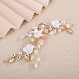 Rumtock White Petal Flower Headband with Leaves Wedding Bridal Pearl Hair Piece Special Occasion Jewelry (Gold, One Size)