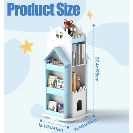 Suuiwau 360° Rotating Bookshelf Kids,Blue Revolving Bookcase 3-Tier Spinning Dollhouse Bookshelf Floor Standing Book Storage Organizer for Children's Room