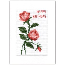 Skye Stitching & Photos Pink/Coral/Red Pair of Roses + Bud, Happy Birthday - 14 Count Cross Stitch A5 Card Kit Free RM48/2nd Class P+P (White Card)