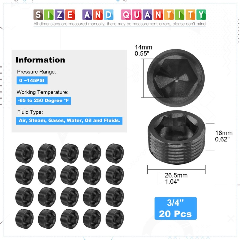 Glarks 20Pcs Carbon Steel 3/4'' NPT Male Pipe Plug Fitting