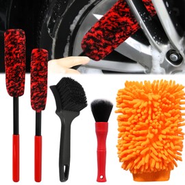 Car Wheel Brush Kit 5 Pcs Car Cleaning Kit Car Wheel Cleaning Brush Kit Tire Brush with Car Washing Gloves Car Detailing Brush Set Detailing Brush for Wheels Interior Exterior Leather Dashboard