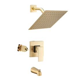 GGStudy Shower Faucet Set, Brushed Gold Tub Shower Faucet with 8 Inch Square Rainfall Shower Head and Tub Spout Shower Tub Faucet Set Complete Included Shower ValveTub Shower Trim Kit
