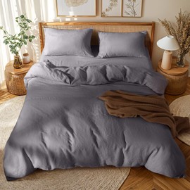 LBRO2M 100% France Linen Duvet Cover Set 3 Pcs Natural Flax Duvet Cover Set 2 Pillowcase 1 Duvet Cover with Zipper (Dark Gray King)
