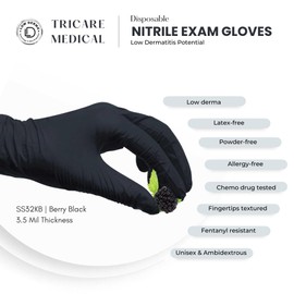 TRICARE MEDICAL Nitrile Exam Gloves, X Large, Low Derma, Latex-free, Powder-free, Chemo Drug Tested, Berry Black, 3.5 Mil, Box of 100
