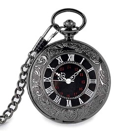 Lveal Black Pocket Watch Classical Mens Pocket Watch Retro Steampunk Pattern Quartz Roman Numerals Pocket Watch