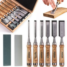 HAWERK Wood Chisel Set - Wood Chisel Sets with Premium Wooden Case - Small Carving Wood Chisels for Woodworking - Includes 6 pcs Wood Working Chisels & 2 Sharpening Stones
