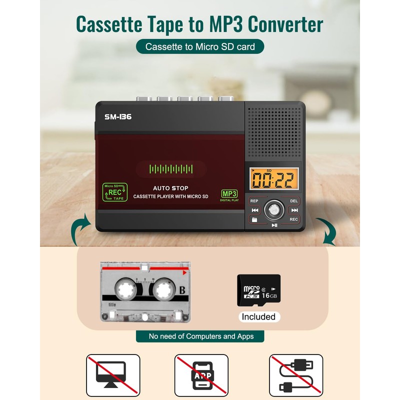 SEMIER Small Cassette Tape Player, USB C or SD Card