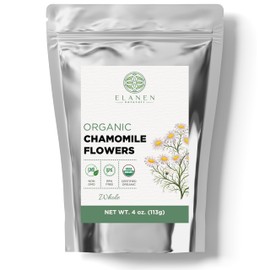 Elanen Naturals Organic Chamomile Flowers 4 oz. (113g), USDA Certified Organic Camomile Manzanilla Tea Loose Leaf, German Chomomile Golden Chamomeal Herb, Whole