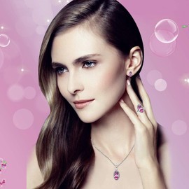 Uloveido Oval Pink Cubic Zirconia Stone Jewelry Ring Necklace Pendant and Earrings Set for, Women Platinum Plated Jewelry Set for Mom Girlfriend Friend New Year Gift(pink, size 8) T482