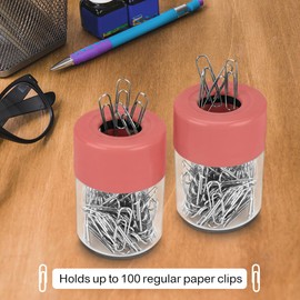Acrimet Magnetic Paper Clip Holder Dispenser, Round Design, 100 Regular Paper Clip Capacity (Clear Crystal Base/ Pink Magnetic Lid) (2 pack)