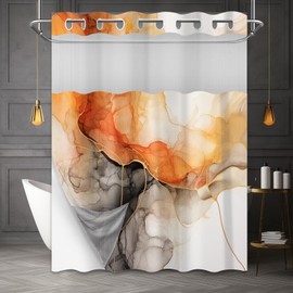Orange Marble Hookless Shower Curtain with Snap in Liner, Crack Orange and Gold Double Layer Shower Curtain and Liner Set, No Hook with Mesh Top Window Waterproof Cloth Fabric 71" W x 74" L