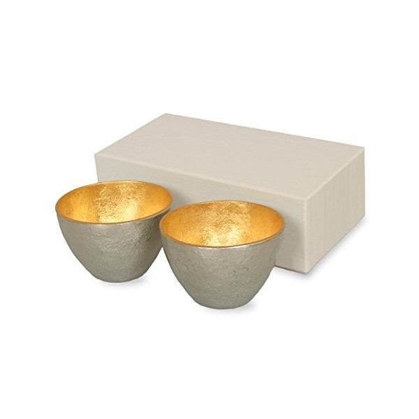 Guinomi Inokuchi Nousaku 100% Real Tin Sake Cup Set of 2, Gold Leaf