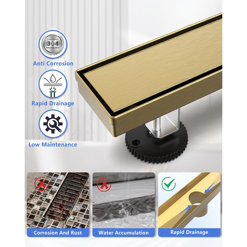 YEFU Gold Linear Shower Drain for Bathroom: 32 Inch Shower