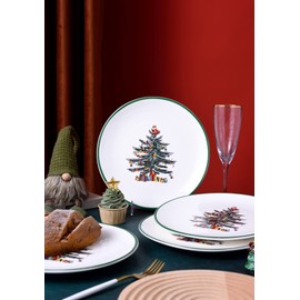 Set of 4 Christmas Dinner Plates Set, Christmas Tree Plates Set with Green Edge, Christmas Porcelain Plates Set for Christmas Porcelain Plate Set of 4 for Christmas Xmas 10.5 Inch