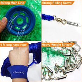 Ghanneey Casting Net Handmade American Saltwater Fishing Cast Net with Stainless Steel Round Weights 6Ft/8Ft Radius, 1/2 in Mesh Size