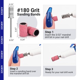 AIRSEE Sanding Bands for Electric Nail Drill 100 Piece Set 180 Grit Medium Acrylic File Attachments Professional 1 Sander Mandrel Bit Beauty Salon Accessories Manicure and Pedicure Finger Callus Pink