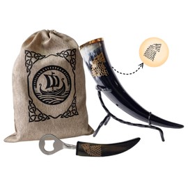 Genuine Handcrafted 100% Ale Horn with Stand - Thrones House Stark Inspired Engraving with Brass Rim - Wolf Bottle Opener Included - Perfect Game Ale/Beer Mug of Viking Style Horn Gift