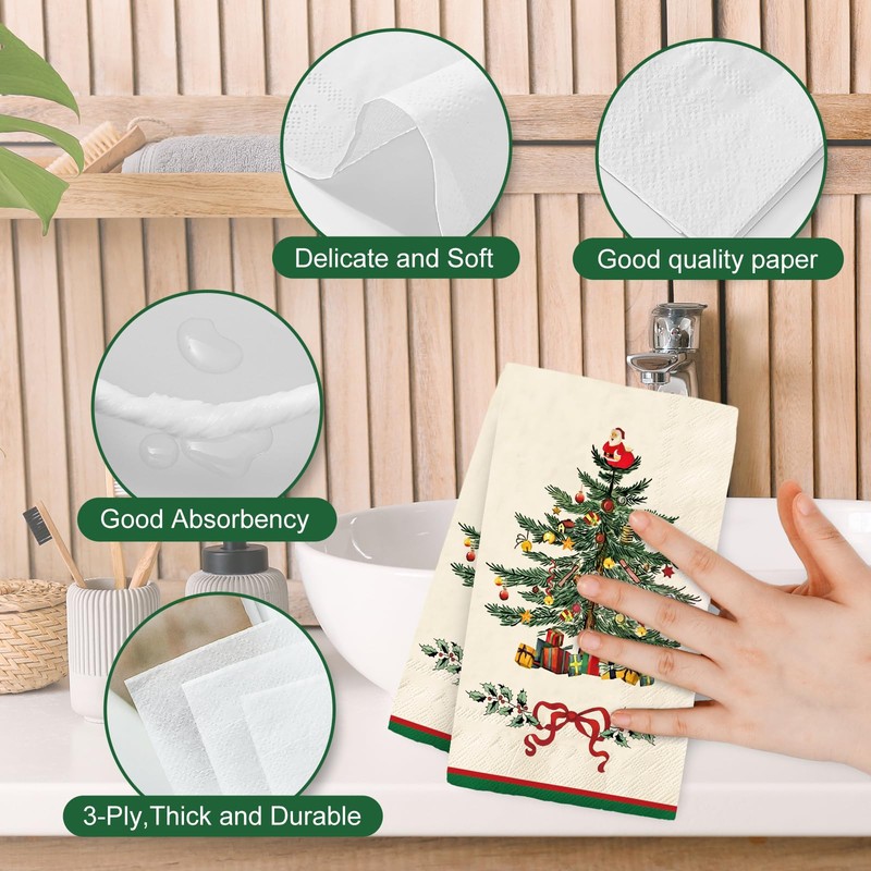 100Pcs Christmas Guest Napkins Retro Xmas Tree Disposable Paper Napkin