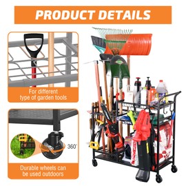 PLKOW Garden Tool Organizer with Wheels, Garden Tool Rack, Yard Tool Holder for Rakes, Shovel, Fertilizer, Garden Tool Storage for Garage, Shed, Outdoor