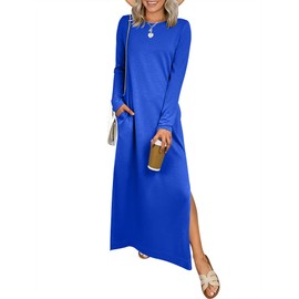 ANRABESS Women Long Sleeve Dresses 2025 Fall Casual Crewneck Loose Fit Split Flowy Wrinkle-Free Travel Vacation Maxi Dress Royal Blue Medium