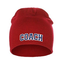 I&W Sports Team Coach Arch Letters Winter Knit Cuffless Beanie 3D Raised Layers, Red Beanie White Navy