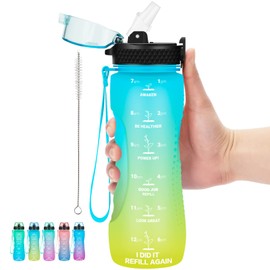 AIDEAMART 24 OZ Motivational Kids Water Bottle With Time Marker,Straw Lid,Leak Proof, Tritan BPA Free Sports Water Bottle Blue-Yellow(1 Lid)