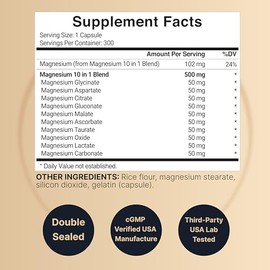 NatureBell - Suplemento complejo de magnesio de 500 mg, 300 cápsulas, 10 formas activas, glicinato, citrato, taurato y más, 100 % quelado y purificado