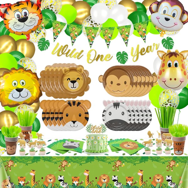 Wild One Party Decorations - Safari Party Decorations Include Animal Balloons, Wild One Banner, Tablecloth, Animal Shape Plates, Napkins, Safari Animal Cups, Wild One Birthday Decorations for Boys Kids, Serves 20