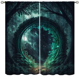 Cortinas de bosque mágico, diseño gótico de bosque nocturno, verde brillante, cielo estrellado, 3D, patrón de paisaje natural, cortinas opacas para ventana, para recámara, sala de estar, 21 x 45