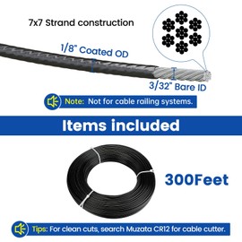 Muzata 300ft Wire Rope Black Vinyl Coated 3/32" Overmolded to 1/8" Stainless Steel Aircraft Cable 7x7 Strand Outdoor Indoor Cable Wire for Clotheline String Lights Hanging DIY WR11
