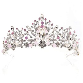 Anglacesmade Bridal Tiara Rhinestone Tiara Gem Crown Crystal Hair Crown Bridal Headband Princess Headpiece Wedding Hair Accessories for Women and Girls(Pink)