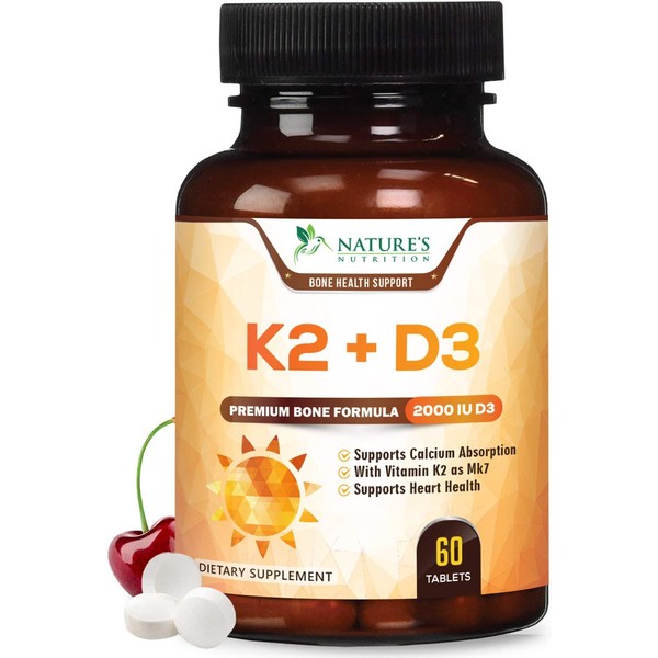 Vitamin K2 and D3 Supplement - High Potency Vitamin D Complex, Chewable for Better Absorption, Made in USA, Support for Your Heart, Bones & Teeth, Non-GMO - 60 Veggie Tablets
