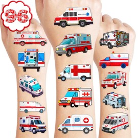 100 PCS Ambulance Car Toy Birthday Party Decorations Favors Supplies Temporary Tattoos Decor Emergency Vehicle Medical Hospital Doctor Stickers For Boys Girls Gift School Prizes Rewards