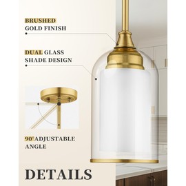 LIROUVET Gold Pendant Lights Kitchen Island - Dual Glass Pendant Light, 1-Light Hanging Light with Clear and Milk Glass, Vintage Pendant Light Fixtures for Kitchen, Dining Room, PL02BR