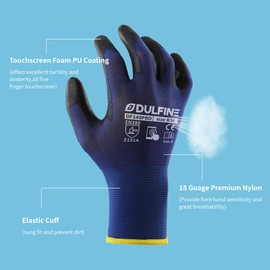 DULFINE Light Duty Work Gloves for Men and Women,Ultra Thin 18 Guage Seamless Knit with Foam PU Coated 12 Pairs Bulk Pack,All Finger Touchscreen,Ideal for Gardening,Warehouse,Electrical DIY