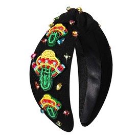 BSJELL Mexican Headband for Women Cinco De Mayo Accessories Fiesta Sombrero Chili Pepper Cactus Knotted Headband Jeweled Crystal Wide Top Knot Headband Fiesta Party Decorations