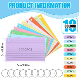 1000 PCS Index Cards 3x5 Inches Colored Flash Cards with Ring, Punched Lined Flashcards Ruled Index Cards Notecards Study Cards Heavy Note Cards for Studying, Learning, School, College, Memory