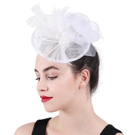 Women Ladies Fascinator Hat Feather Mesh Flower Wedding Party Hat Derby Hat with Clip and Hairband Retro Cocktail Tea Bridal Church Fascinator Head Piece Headwear White
