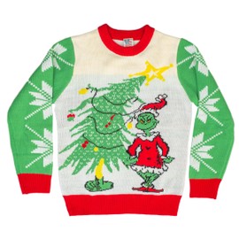 Dr. Seuss Grinch As Santa Next to Tree Off-White Ugly Christmas Sweater Long Sleeve (Adult Large)