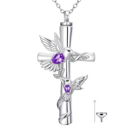 HVQP Hummingbird Cross Urn Necklaces for Ashes Women White Gold Plated S925 Sterling Silver Funnel Filler Memorial Cremation Jewelry with Amethyst February Birthstone Sympathy Gifts for Women Loss of Loved One
