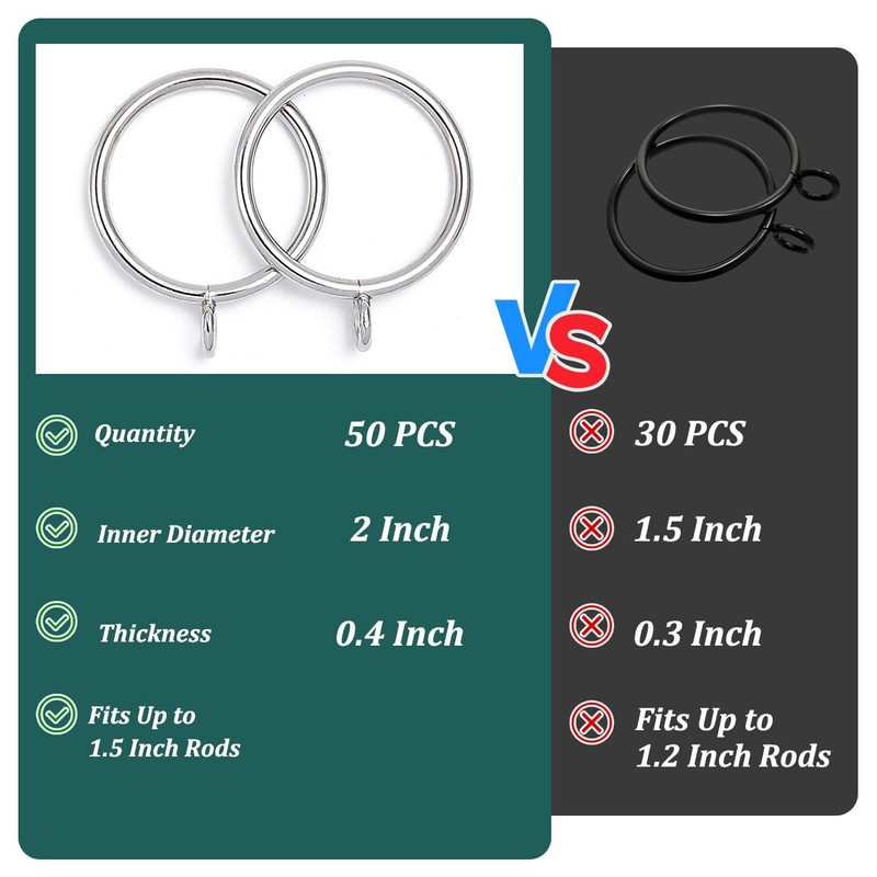50PCS Heavy Duty Curtain Rings with Eyelet - Smooth Glide