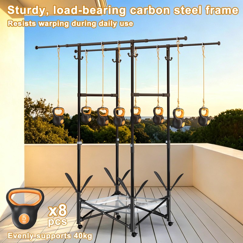 Portable Foldable Clothes Drying Rack - Adjustable Double Extendable Rods