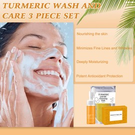 hepanio 4Pcs Turmeric Wash and Care Three Piece Set,Turmeric Trio: Facial Wash,Cleansing Mousse & Soap for Skin Care,Turmeric Cleansing Exfoliating Pads,Turmeric Face Wash for Face & Body
