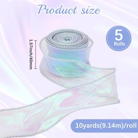 CABODYALS 5 Rolls 50 Yards 1.57 Inch Silver Shimmer Organza Ribbon Iridescent Sheer Fabric Fishtail Yarn Transparent Chiffon Tulle Ribbons for Gift Wrapping Craft Wedding Invitations Decor Bouquet