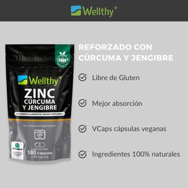 Wellthy Zinc, Cúrcuma y Jengibre 180 Cápsulas. L-Optizinc Fórmula Patentada de Alta Aborción por el Laboratorio Suizo Lonza. Solo 1 Cápsula al día, VCaps Cápsulas Veganas, Bottle Free.