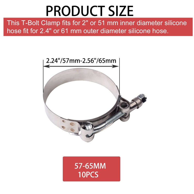 10X 2 Inch 57mm - 65mm Stainless Steel T-Bolt Clamps