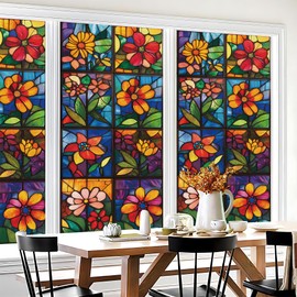 Stained Glass Window Film Privacy Decorative – Colorful Leaf Frosted Static Cling Vinyl, No Glue, UV Blocking, Heat Control,Tint for Home Office Bathroom, 17.7 x 39.4 Inches (1, Flowers)