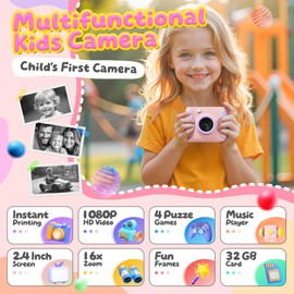 CalineGam Children's Camera Instant Camera 1080P HD Instant Camera Children with 32GB Card, 2.0 Inch Digital Camera Children, Children's Toy Gifts for Boys and Girls 3-12 Years (Pink)