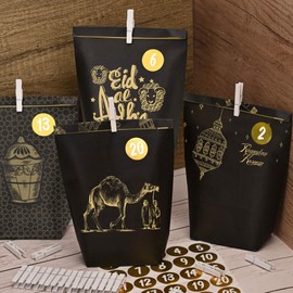 ANYUNKEY DIY Ramadan Kalender zum Befüllen-Ramadankalender Tüten-Bedruckte Kraftpapiertüten in schwarzes Gold-30 Eid Mubarak deko- Geschenktüten-ramadan dekoration - wiederverwendbar
